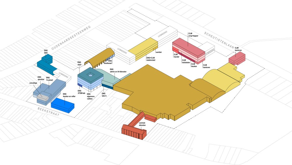 Abscis Architecten - axonometrie van alle functies