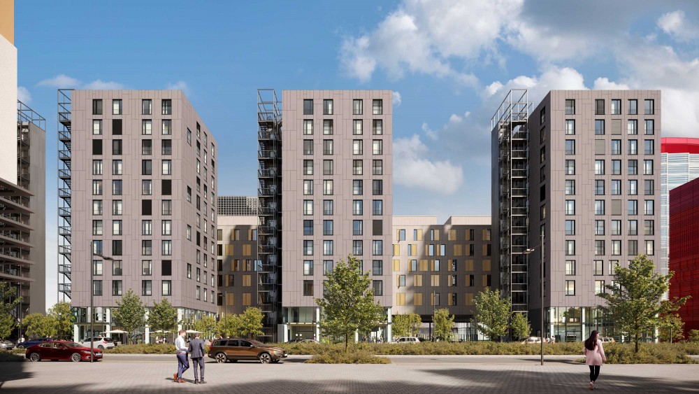 Abscis Architecten - de vier woontorens met achterliggend 'Maison des Sciences Humaines' - visualisatie Fabeck Architectes