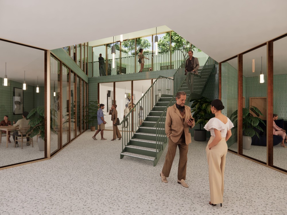 Abscis Architecten - centrale foyer in de horecazone - visualisatie Abscis Architecten