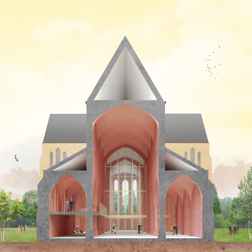 Abscis Architecten - visualisatie scenario 1 - restauratie en flexibele herinrichting van de kerk